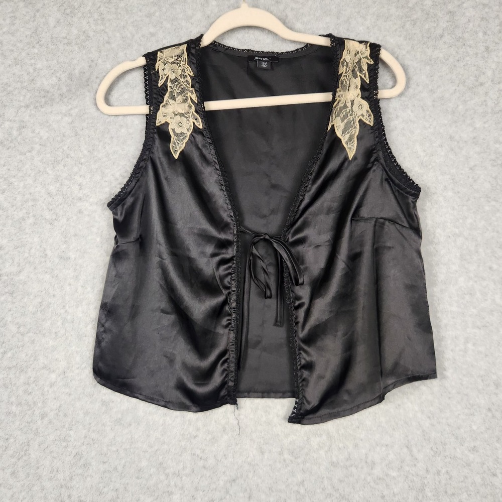Nasty Gal Vest Womens US 6 Black Satin Sheer Lace Trim Sleeveless Open Tie Boho‎